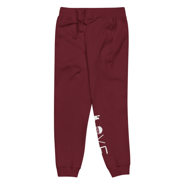 unisex-fleece-sweatpants-maroon-front-left-6305423549bc7.png